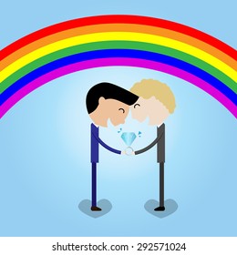 young couple man hold wedding ring rainbow background LGBT concept- vector