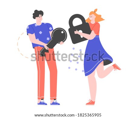 Young couple. A man holds a key, a woman a closed lock. Vector flat illustration.