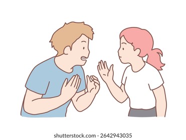 Young couple man husband and woman wife boyfriend and girlfriend friends yelling at each other. Quarrel conflict and troubles in relationships. Hand drawn style vector design illustrations.