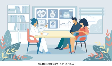 Young Couple Man and Pregnant Woman Sitting at Doctor Appointment Room in Hospital Holding Hands. Pregnancy, Childbearing, Happy Family Waiting Baby Medical Check Up Cartoon Flat Vector Illustration