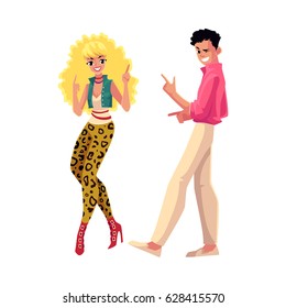 Young Couple, Man And Woman, In 1980s, Eighties Style Clothes Dancing Disco, Cartoon Vector Illustration Isolated On White Background. Man And Woman In 80s Style Clothing Dancing At Retro Disco Party