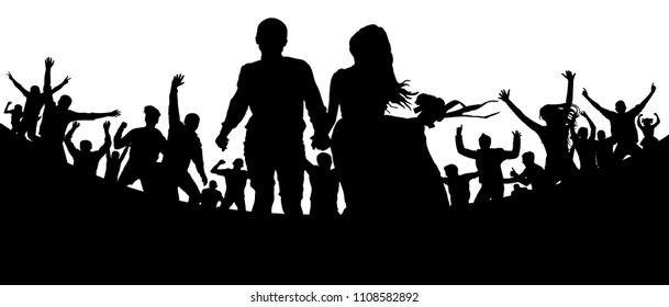Young couple, man and woman among the crowd. Party, concert, dance, fun. Crowd of people silhouette vector. Cheerful youth.Cheer audience. Hand applause. Music festival