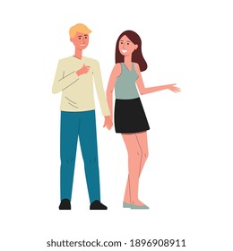 Young couple, man and woman cartoon characters vector illustration isolated on white background. Stages of family and human relationships development concept.