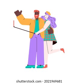 Young couple, man and woman characters doing selfie photo using stick device for mobile phone, flat cartoon vector illustration isolated on white background.