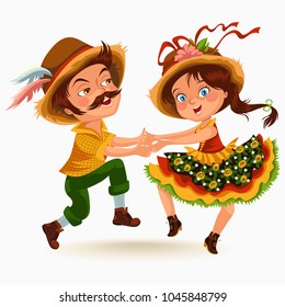 Young couple man woman dancing salsa on festivals celebrated in Portugal Festa de Sao Joao, girl straw hat traditional fiesta dance, holiday party dancer, festive people carnaval vector illustration