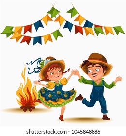 Young couple man woman dancing salsa on festivals celebrated in Portugal Festa de Sao Joao, girl straw hat traditional fiesta dance, holiday party dancer, festive people carnaval vector illustration