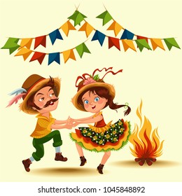 Young couple man woman dancing salsa on festivals celebrated in Portugal Festa de Sao Joao, girl straw hat traditional fiesta dance, holiday party dancer, festive people carnaval vector illustration