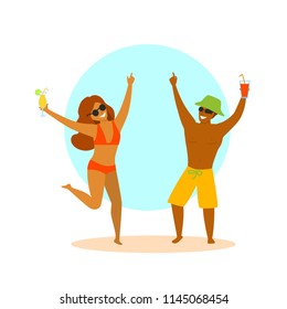 young couple, man and woman dancing celebrating  enjoying vacation time on a beach resort, isolated cute vector illustration scene
