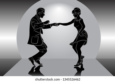 A young couple, man and woman dancing rock and roll. Vector image, white contour on dark background.