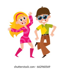 Young couple, man and woman, dancing dicso, having fun, cartoon vector illustration isolated on white background. Young man and woman dancing together at retro disco party