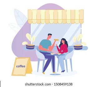 Young Couple - Man and Woman Drink Coffee and have a Bite to Eat in Cafeteria or Restaurant Lounge. People Relax during Lunch or Coffee Time in Outdoor Cafe. Vector Flat Cartoon Illustration Isolated.