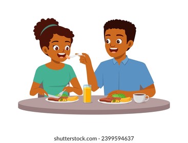 young couple man and woman eat meat steak together