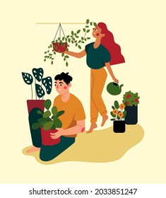 Young couple, man and woman, are engaged in home plants. People take care of plants together. Vector illustration.