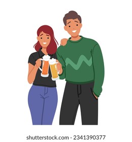 Young Couple Man And Woman Enjoy Drinking Beer Together, Savoring The Refreshing Flavors And Creating Cherished Memories In Their Shared Moments Of Relaxation. Cartoon People Vector Illustration