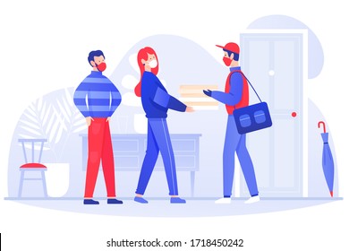 Young couple man woman gets food parcel from courier in masks and gloves. Safe delivery courier service during a Coronavirus COVID-19 novel concept flat vector illustration