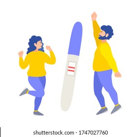 Young couple man and woman happy about a positive pregnancy test. Vector flat style illustration on fertility, parenthood. People jump and enjoy pregnancy news.