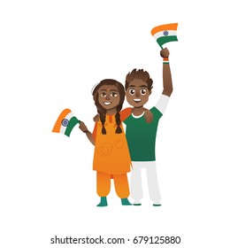 Young couple, man and woman holding, waving Indian flags, cartoon vector illustration isolated on white background. Full length portrait of couple, man and woman with Indian tricolor flags