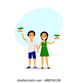 Young couple, man and woman holding, waving Indian flags, cartoon vector illustration with space for text.