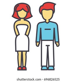 Young couple, man and woman in love, relationship concept. Line vector icon. Editable stroke. Flat linear illustration isolated on white background
