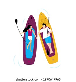 Young couple man and woman lying on paddle boards and holding their hands. Romantic scene illustration. 