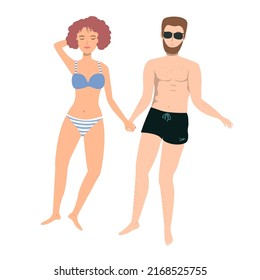 Young couple man and woman lying at the beach and holding their hands. Romantic sun tanning scene vector illustration. 