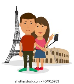 Young couple man and woman are making travel self-portrait in front of Eiffel Tower, Coliseum. Vector in flat style