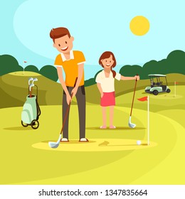 Young Couple of Man and Woman Playing Golf on Green Field at Sunny Day. Guy Hit Ball, Girl Watching Game. Sport Equipment and Golf Cart Stands Nearby. Family Leisure. Cartoon Flat Vector Illustration.