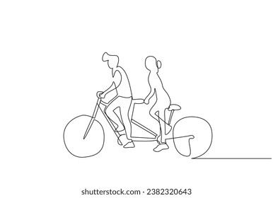 young couple man and woman riding the same bike park outdoor life line art design