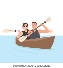 Jovem casal homem e mulher remando uma canoa de barco. Ilustração de vetor plano isolada no plano de fundo branco