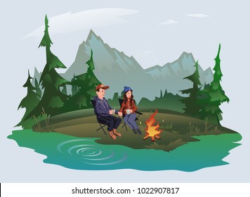 Young couple, man and woman sitting around the campfire in the woods on the shore of the lake. Mountain alpine landscape. Hiking, active outdoor recreation. Isolated vector illustration.