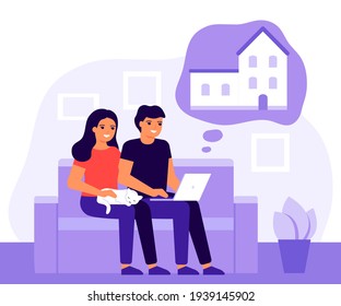 Young couple man and woman sitting on sofa with laptop and dreaming of home. Family choice of house. Take out house building on credit and mortgage. Vector illustration in flat style