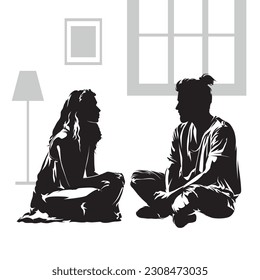 Young couple, a man and a woman, are sitting across the room talking and thinking about the future. Couple communication. Isolated vector silhouette, ink drawing