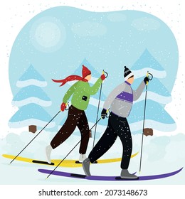 young couple, a man and a woman are skiing in winter, it's snowing. Cute vector illustration in a flat style. Active recreation on the background of the Christmas tree