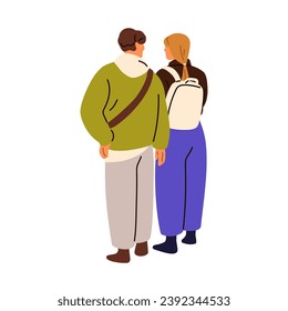 Joven pareja, hombre y mujer parados juntos, hablando, viendo por detrás, por detrás. Dos personajes de amigos hombres y mujeres, gente esperando, hablando. Ilustración vectorial plana aislada en fondo blanco