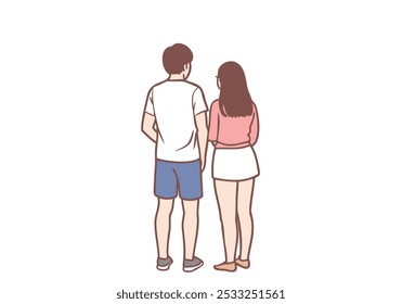 Joven pareja hombre y mujer de pie hacia atrás. Ilustraciones de diseño de Vector de estilo dibujado a mano.