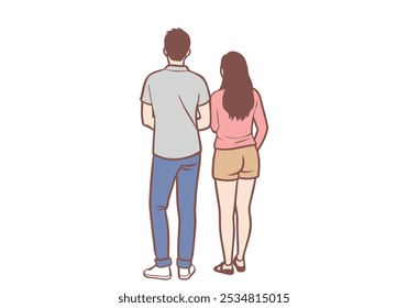 Joven pareja hombre y mujer de pie hacia atrás. Ilustraciones de diseño de Vector de estilo dibujado a mano.