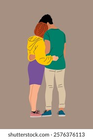 Young couple, man and woman standing together back view, hugging each other. Colorful flat vector illustration isolated.