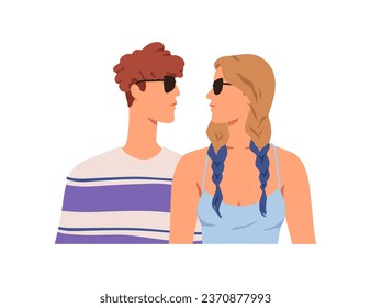 Young couple, man and woman in sunglasses, looking at each other. People faces meeting. Emotionless characters in love. Relationship concept. Flat vector illustration isolated on white background