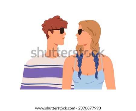 Young couple, man and woman in sunglasses, looking at each other. People faces meeting. Emotionless characters in love. Relationship concept. Flat vector illustration isolated on white background Stock photo © 