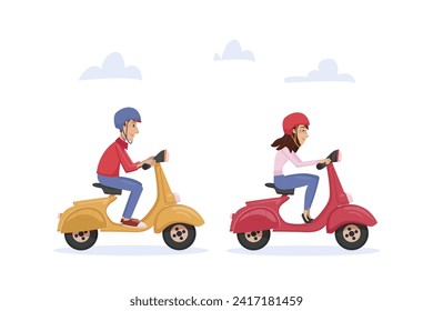 Joven pareja de hombres y mujeres viajando en dos motos y disfrutando del tiempo juntos. Estilo de vida activo, viaje. Ilustración vectorial en estilo de caricatura sobre fondo aislado