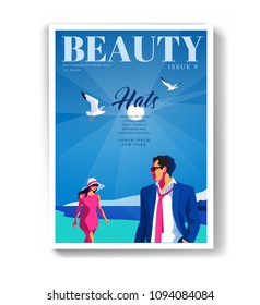 Young couple, man and woman, walking on the beach. Sun, sky, gulls. Woman magazine cover design for summer travel season. Vector illustration