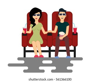 Young couple man and woman are watching movie in the Cinema. Vector Illustration isolated on white background