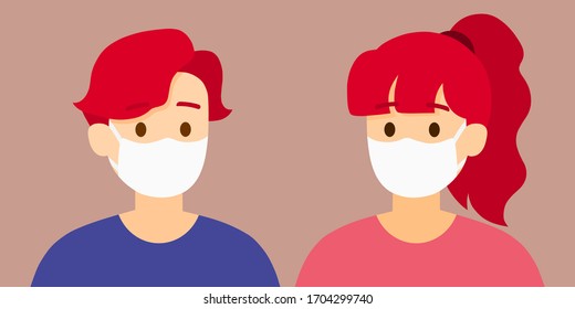 A young couple with mask protect them from COVID-19, vector, illustration