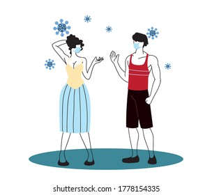 young couple with mask in protection of coronavirus vector illustration desing