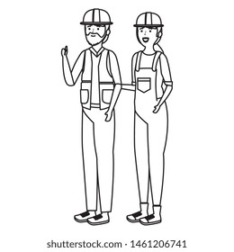 young couple mechanics workers characters