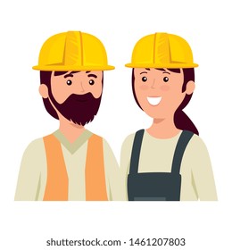 young couple mechanics workers characters