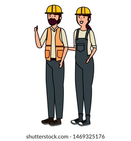 young couple mechanics workers characters