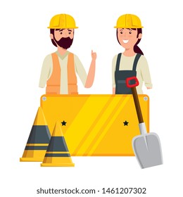 young couple mechanics workers with cones and shovel