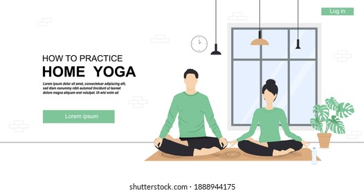 Young Couple Meditate And Practice Yoga At Home Together Isolated On The White Background. Home Studio. Vector Illustration. Banner Or Advertising Online Yoga