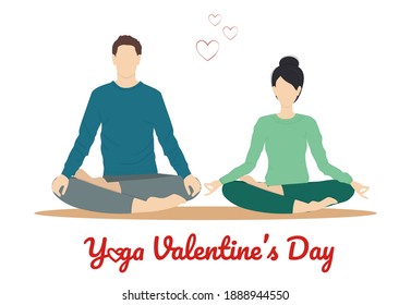 Young couple meditate and practice yoga together isolated on the white background. Vector illustration. Healthy celebrating Valentine's day